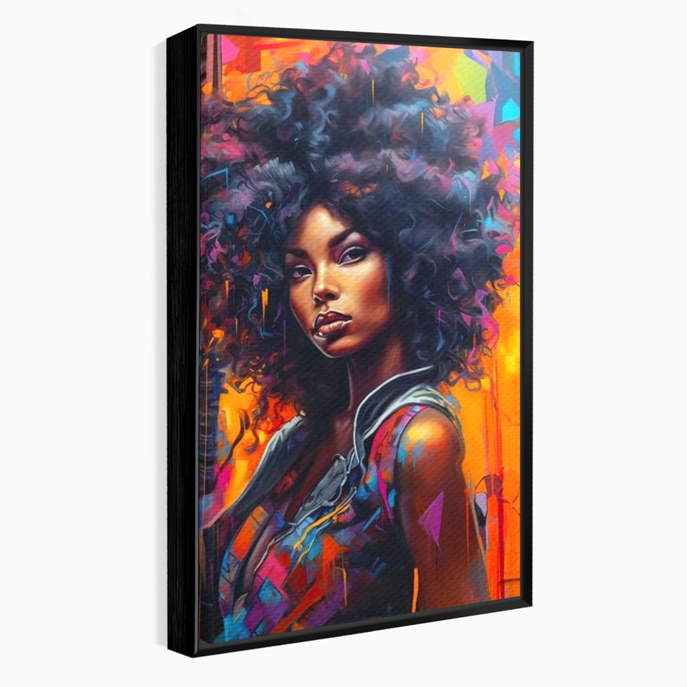 Tablou canvas cu tablou canvas cu portret urban afro, in rama de aluminiu negru
